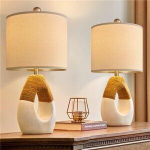 OYEARS Boho Table Lamps Bedroom Living Room Set 2 Small Farmhouse Rattan Table